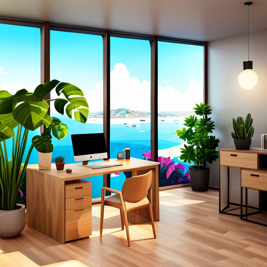 Office scene with a window looking onto a beach landscape, generated with AI.